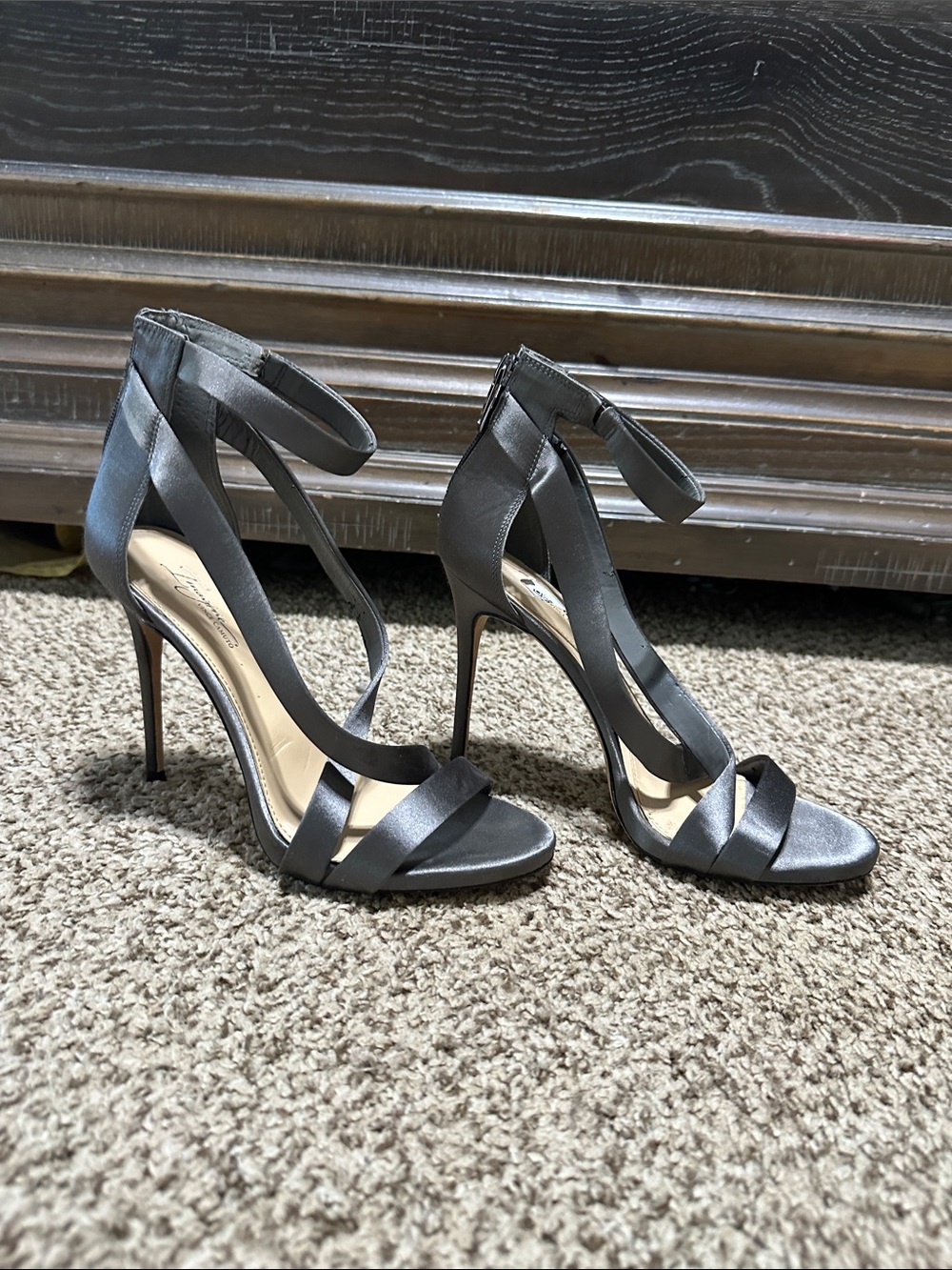 Vince Camuto Gunmetal Satin Strappy Ankle-Tie Stiletto Heels